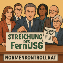 Mehrere Personen stellen repräsentativ den Normenkontrollrat dar. Sie fordern in einem Positionspapier die Streichung des FernUSG.
