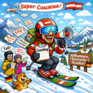 Humorvolle Comic-Illustration: Ein österreichischer Coachinganbieter fährt auf Skiern eine verschneite Alpenpiste hinunter und verteilt bunte Coaching-Materialien an deutsche Kunden im Tal. Die Szene ist farbenfroh, dynamisch und symbolisiert grenzüberschreitendes Online-Coaching zwischen Österreich und Deutschland.