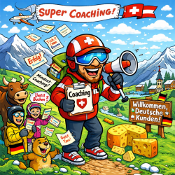 Dem Bild ist ein als Comic stilisierter Coach sehen, dem dem Käse liegt und der sich an deutsche Kunden richtet.