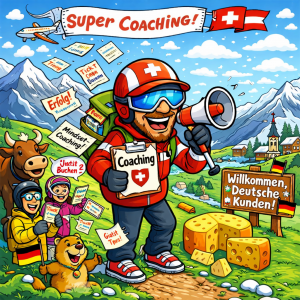   Dem Bild ist ein als Comic stilisierter Coach sehen, dem dem Käse liegt und der sich an deutsche Kunden richtet.