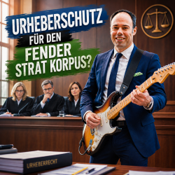 Rechtsanwalt mit Fender-Stratocaster vor einem Richtersenat im Gerichtssaal zum Thema Urheberrecht an Gitarrenformen