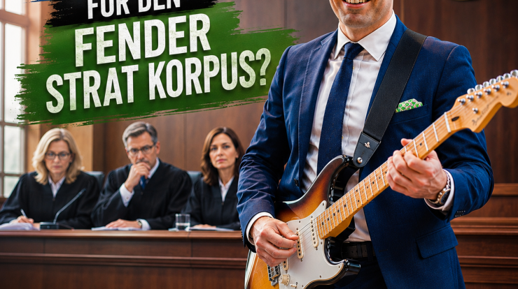 Rechtsanwalt mit Fender-Stratocaster vor einem Richtersenat im Gerichtssaal zum Thema Urheberrecht an Gitarrenformen