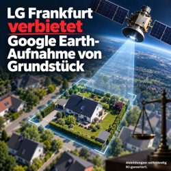 Das Bild zeigt einen Satelliten, der eine Fotoaufnahme von einem Grundstück macht. Die Überschrift sagt LG Frankfurt verbietet Google Earth-Aufnahme von Grundstück.